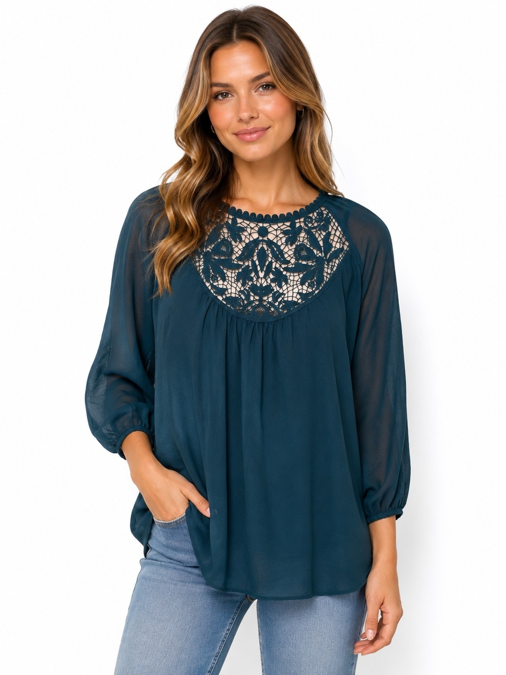City Chic Deep Teal Crochet Yoke Blouse